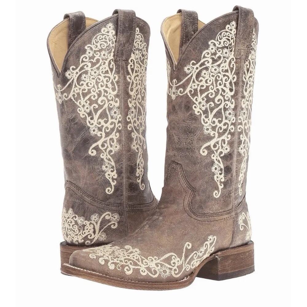 Corral A2663 Wedding Boots Women’s 8.5 Brown Ivory Embroidery Square Toe